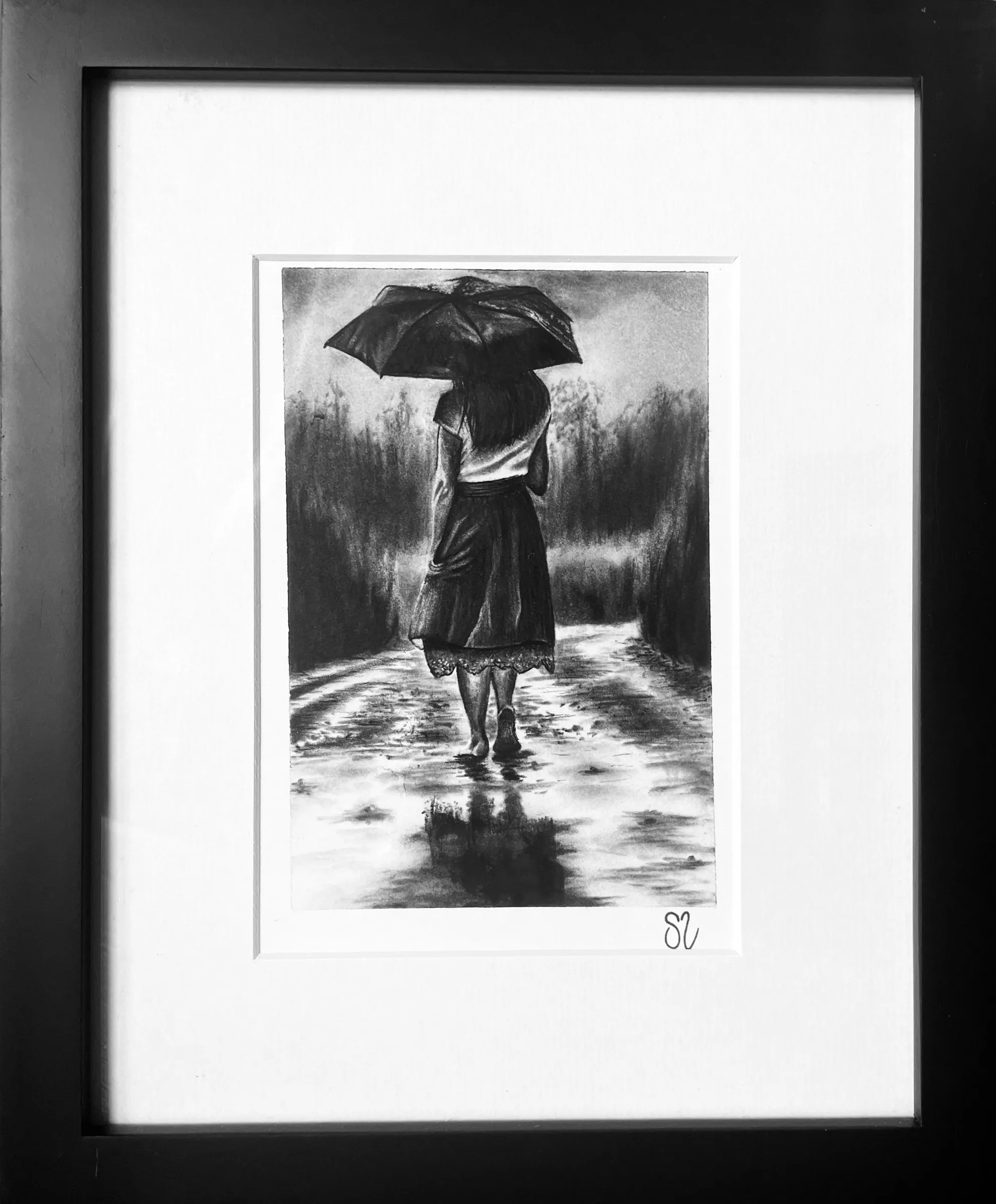 Girl in the Rain, No. 2, charcoal drawing by Simone Liberty