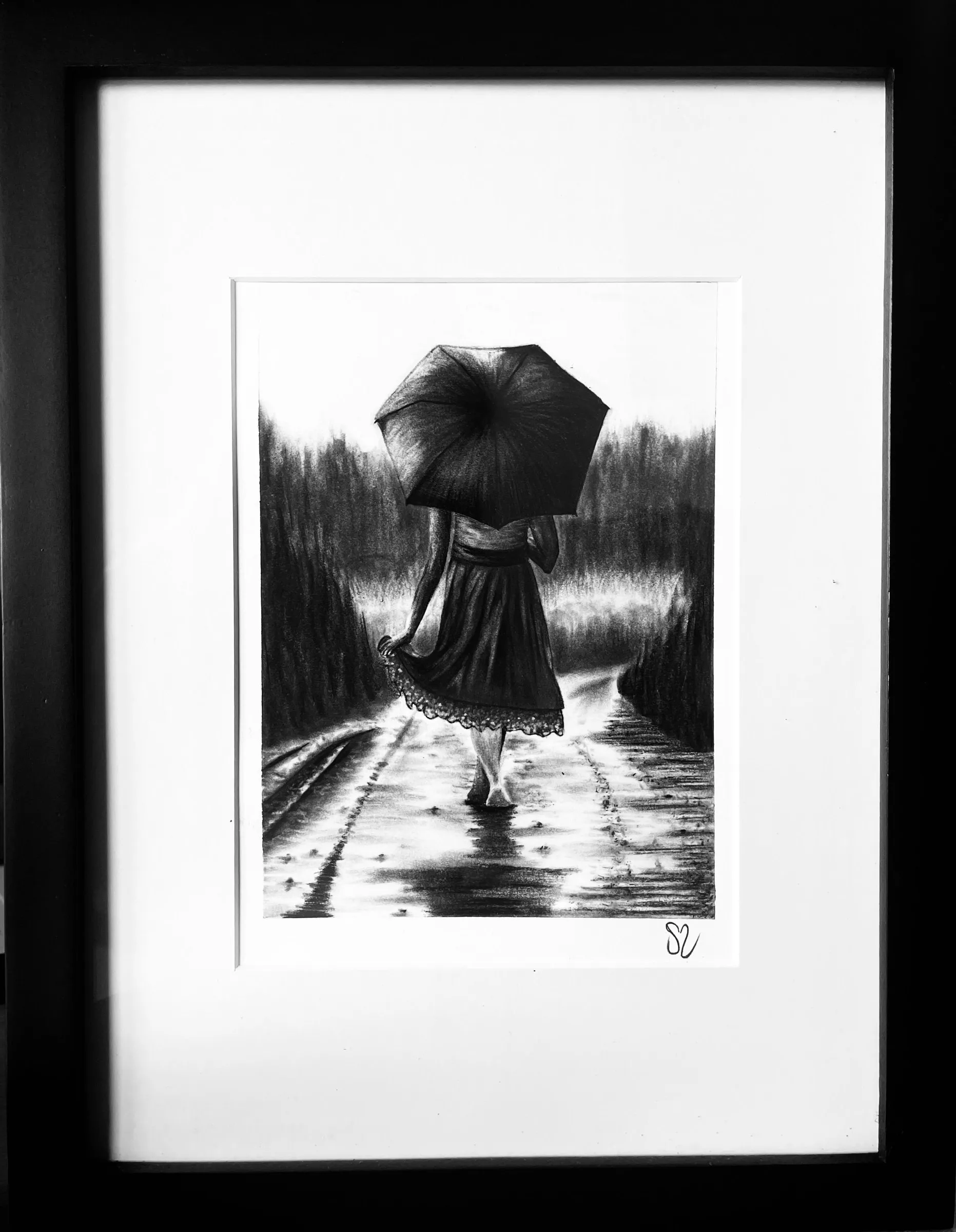 Girl in the Rain, No. 3, charcoal drawing by Simone Liberty