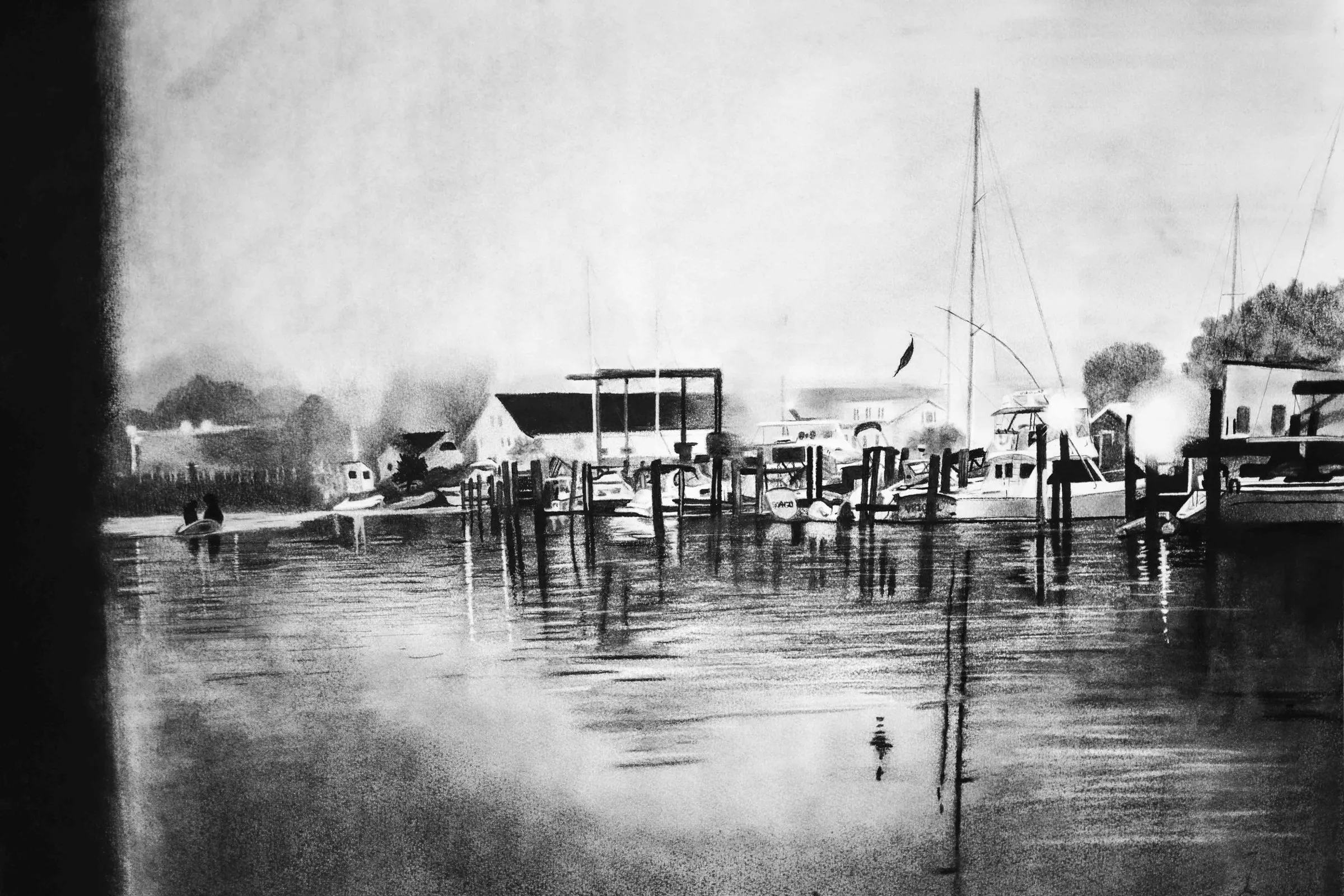 Mystic Harbor, charcoal drawing by Simone Liberty