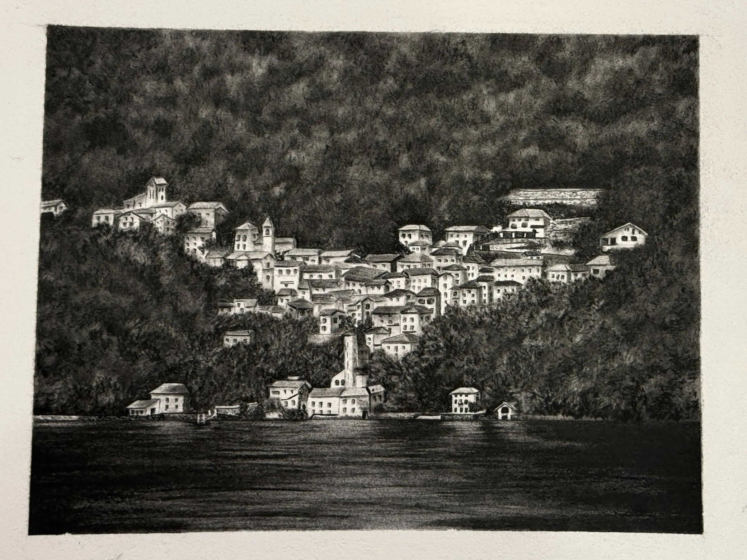 View from the Villa, charcoal drawing by Simone Liberty